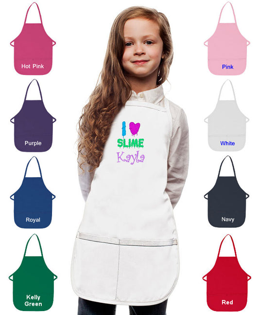 Personalized Kids Slime Apron with I Love Slime Embroidery Design, Monogrammed Chef Uniform, Art Gift, Chef Gift Cooking Party School Aprons