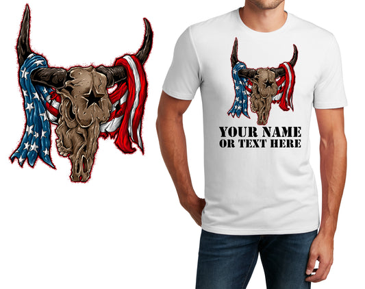 Personalized T-Shirt Skull Steer Flag Design, Sports Shirt, Custom Printed Shirt, Custom Name, Cowboy, Dad Gift, Unisex, Womens Tee