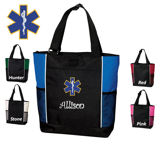 Personalized Canvas Nurse Tote Bag, Star of Life Design, Custom Tote, Tote with Zipper, Embroidered Custom Name, Nurse Gift