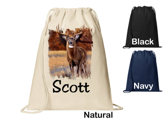 Personalized Buck Deer Hunter Cinch Pack, Drawstring Gym School PE Pool Backpack, Printed Monogrammed Custom Name, Perfect Gift