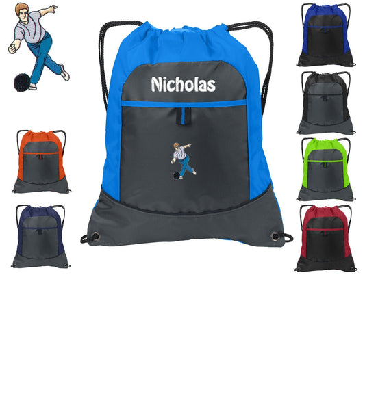 Personalized Kids Cinch Pack Drawstring, Bowling Design, Gym School PE Sports Backpack Embroidered Monogrammed Custom Name Kids School Gift