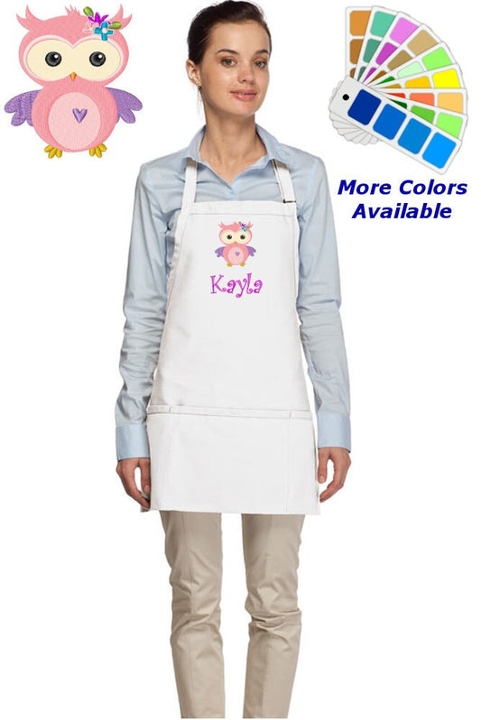 Personalized Apron Embroidered Pink Owl Design Dad Mom Gift