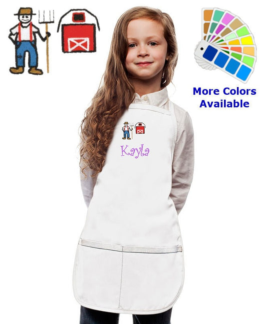 Personalized Kids Apron with Farmer Barn Embroidery Design