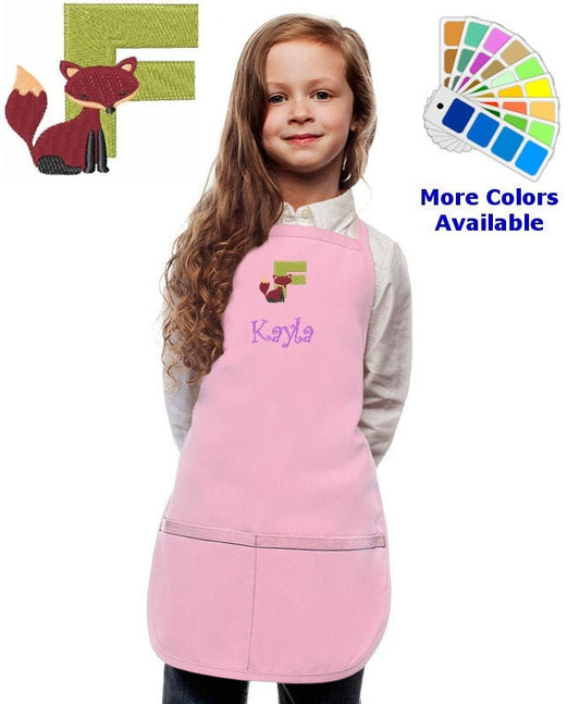 Personalized Kids Apron with Animal Alphabet Letter F Fox Embroidery Design, Monogrammed Art Smock, Childrens Apron, Cooking Gift