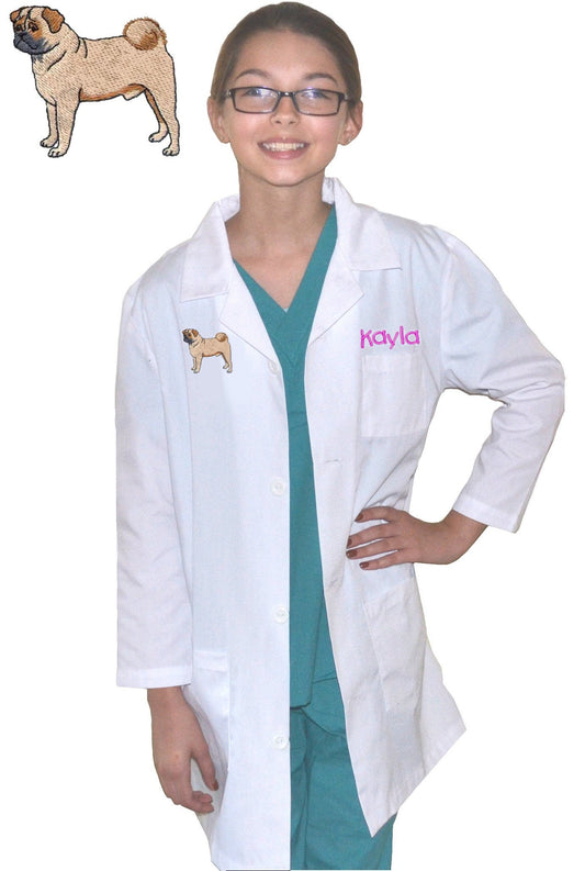 Personalized Kids Lab Coat Pug Dog Embroidery Design, Veterinarian Lab Coat, Birthday Gift, Childrens Lab Coat, Monogrammed Name