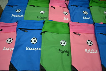 Personalized Soccer Coach Cinch Pack, Coach Gift, Drawstring Gym School PE Pool Backpack, Embroidered Soccer Monogrammed with Custom Name