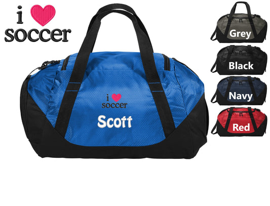 Personalized Sports Team I Love Soccer Duffel Bag, Gym Bag, Weekend Bag, Groomsmen Gift, School PE, Husband Gift, Embroidered with Name