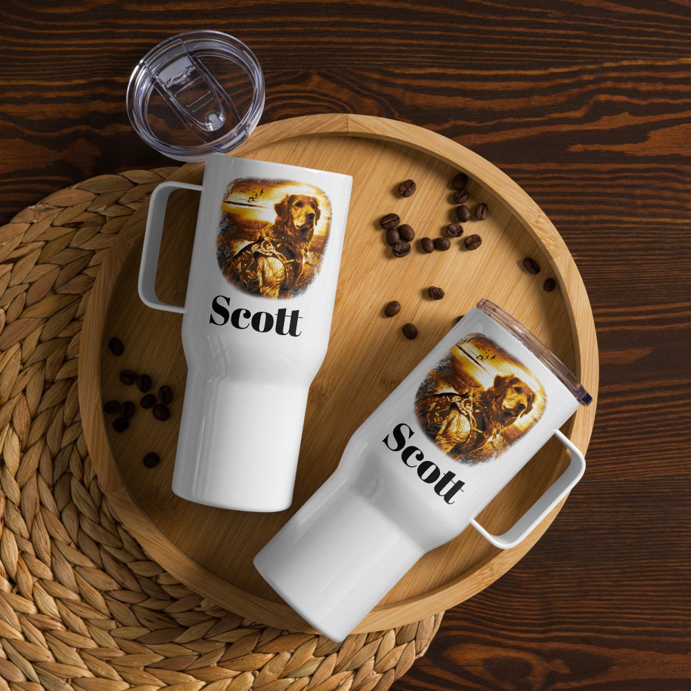 Custom Golden Retriever Hunting Dog Travel Mug Tumbler with Handle, Stainless Steel BPA-free Cup, 25 Ounce Mug, Dad Mom Dog Lover Gift