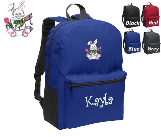 Personalized Kids Backpack Embroidered Easter Bunny with Flower Monogrammed with Name of Your Choice Perfect Kids School Gift