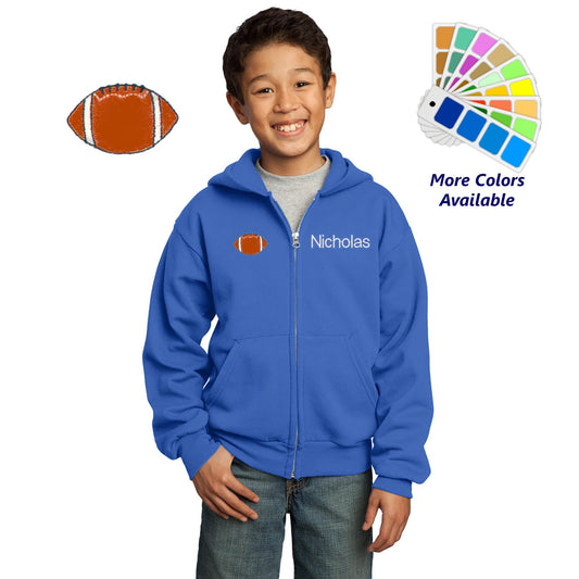 Personalized Kids Football Hoodie Sweatshirt Zipper Embroidered Football Design with a Name of Your Choice