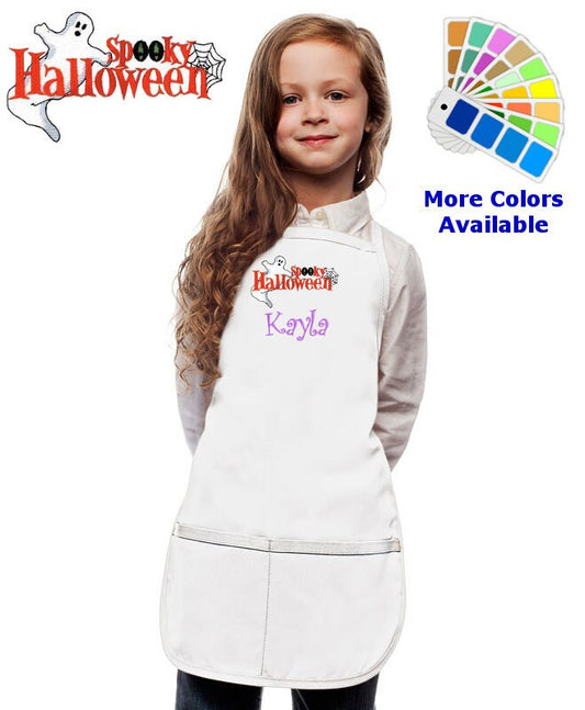 Personalized Kids Halloween Apron with Spooky Halloween Ghost Eyes Embroidery Design