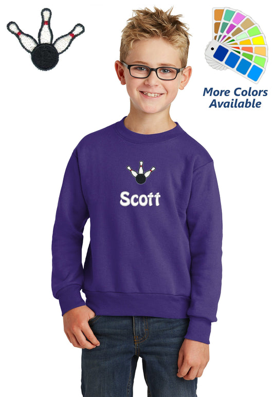 Personalized Kids Bowling Sweatshirt Embroidered Name Unisex Girl or Boy Gift with Monogrammed Name Sports Gift Crewneck Sweater