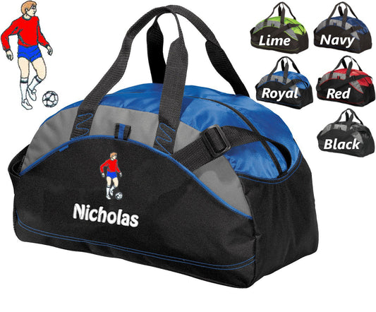 Personalized Kids Duffel Bag, Soccer Player Design, Gym Bag, School Sports, Contrast Stitching, Embroidered Name, Soccer Gift