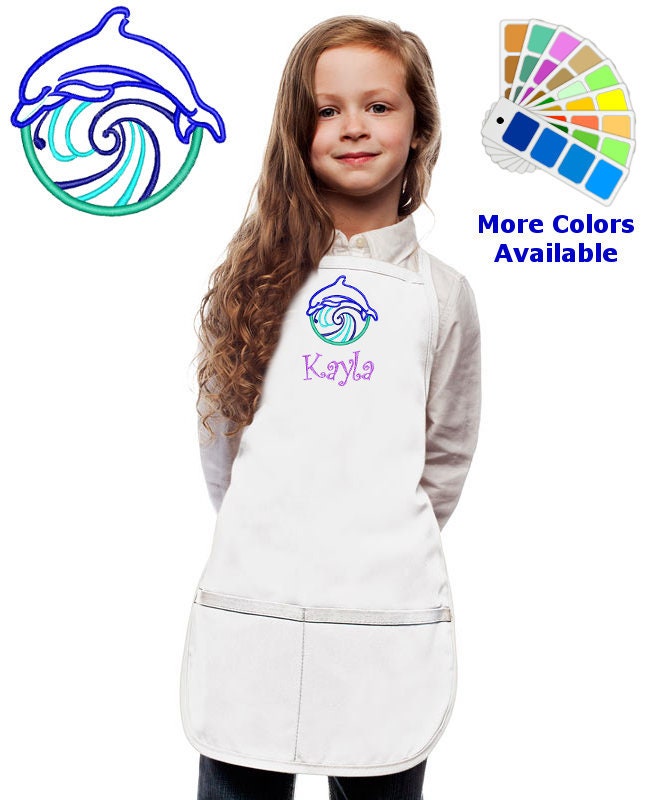 Personalized Kids Apron with Dolphin Waves Embroidery Design, Monogrammed Chef Uniform, Art Gift, Chef Gift, Cooking Party, Art Party School