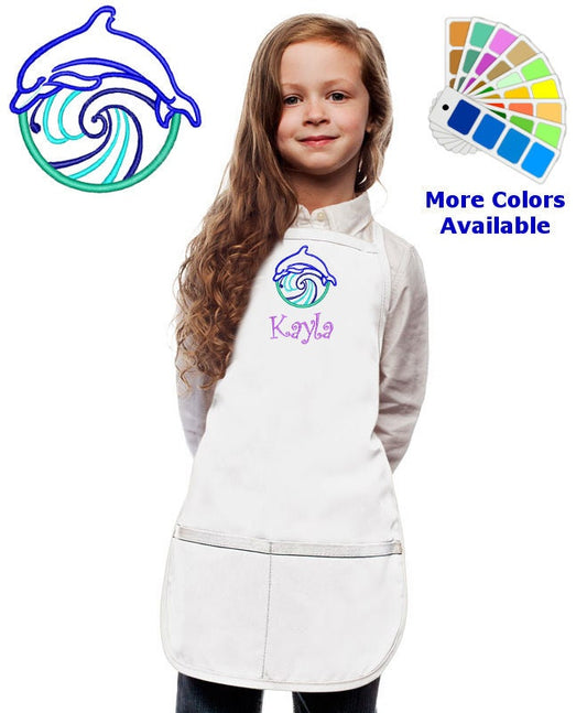 Personalized Kids Apron with Dolphin Waves Embroidery Design, Monogrammed Chef Uniform, Art Gift, Chef Gift, Cooking Party, Art Party School