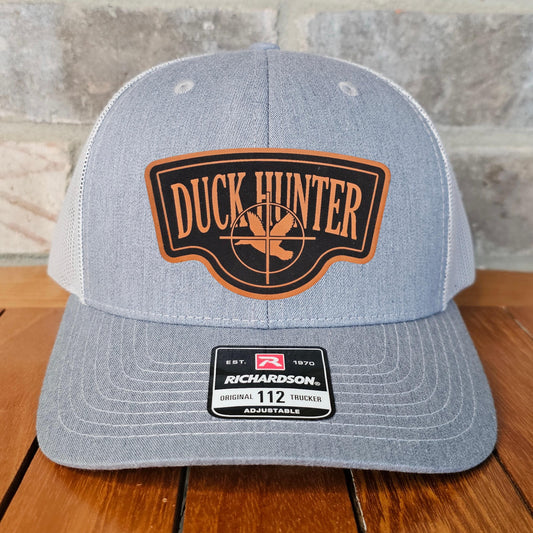 Duck Hunter Leather Patch Trucker Hat, Richardson 112, Bird Hunter Hat, Funny Dad Gift Husband Gift, Sportsman Gift, Laser Engraved