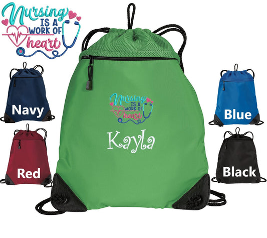 Personalized Nurse Cinch Pack, Drawstring Gym School, Pool Backpack, Embroidered Work of Heart Design, Monogrammed Custom Name, Nurse Gift