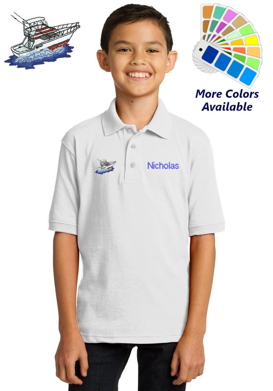 Personalized Kids Polo Shirt Embroidered Sport Fishing Boat Monogrammed with a Name or Text of Your Choice