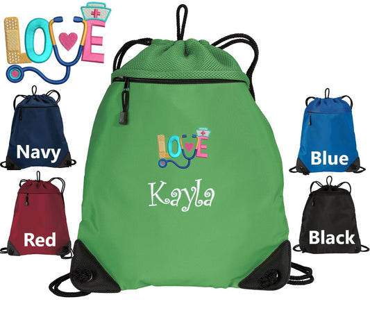 Personalized Nurse Love Cinch Pack, Drawstring Gym School PE, Pool Backpack, Embroidered Love Design, Monogrammed Custom Name, Nurse Gift