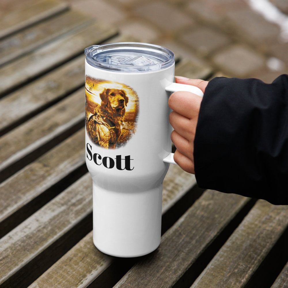 Custom Golden Retriever Hunting Dog Travel Mug Tumbler with Handle, Stainless Steel BPA-free Cup, 25 Ounce Mug, Dad Mom Dog Lover Gift