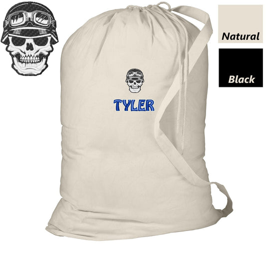 Personalized Biker Skull Laundry Bag, Summer Camp Bag, College Dorm Laundry Bag, School Laundry Bag, Embroidered Monogrammed with Name