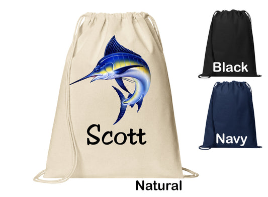 Personalized Blue Marlin Fish Cinch Pack, Drawstring Gym School PE Pool Backpack, Printed Monogrammed Custom Name, Perfect Gift