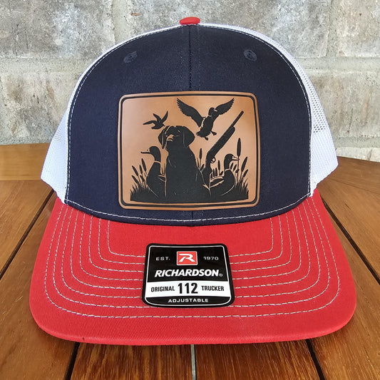 Duck Hunter Leather Patch Trucker Hat, Richardson 112, Bird Dog Hunter Hat, Dad Gift Husband Gift, Sportsman Gift, Laser Engraved