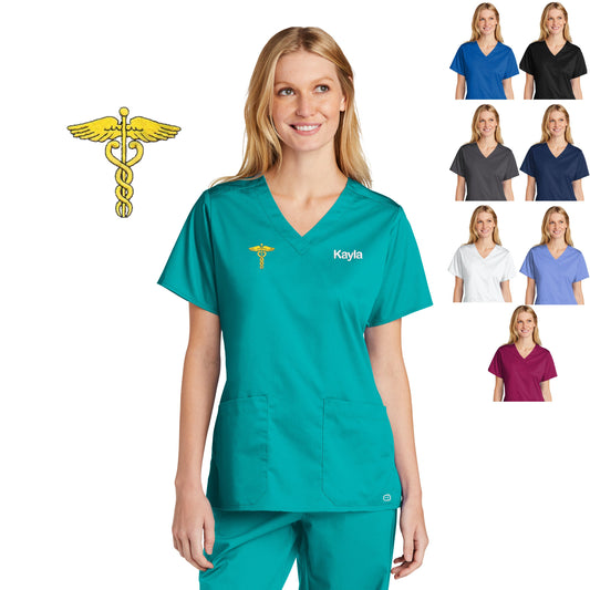 Personalized Womens Scrubs Top with Caduceus, Custom Embroidered Text or Name, Doctor, Nurse, Veterinarian, Hospital, Shirt, Medical Apparel
