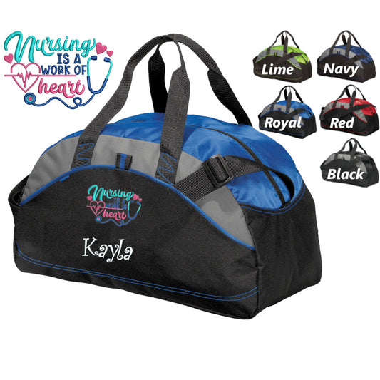 Personalized Nurse Duffle Bag, Scrubs Bag, Work of Heart Embroidered Custom Name, Hospital Bag, Travel Bag, Monogrammed, Gift, Duffle Bag