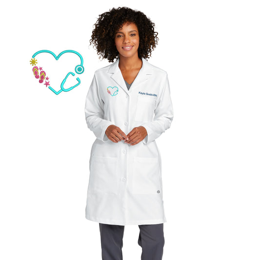 Personalized Nurse Lab Coat with Custom Embroidered Text or Name and Heart Stethoscope Summer Design, Doctor, Nurse, Jacket, Medical Apparel