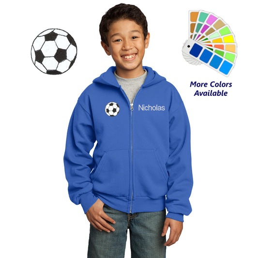 Personalized Kids Soccer Hoodie, Sports Hoodie, Sweatshirt Zipper, Embroidered Soccer Ball Design with a Name of Your Choice