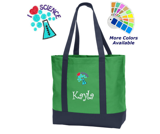 Personalized Science Tote Bag, I Love Science, Embroidered with Name of Your Choice, Perfect Teacher School Scientist Gift