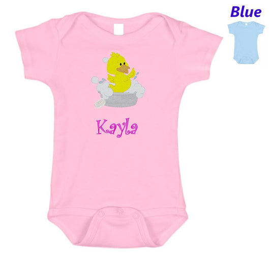 Personalized Baby Onesie Pink Blue Embroidered Baby Duckling Duck Newborn One Piece Body Suit Baby Shower Gift Monogrammed Your Baby's Name