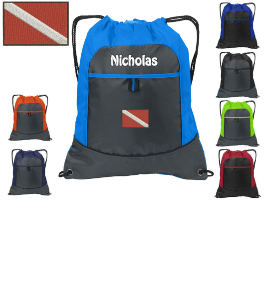 Personalized Kids Cinch Pack Drawstring, Dive Flag Design, Gym School PE Sports Backpack, Embroidered Monogrammed Custom Name School Gift