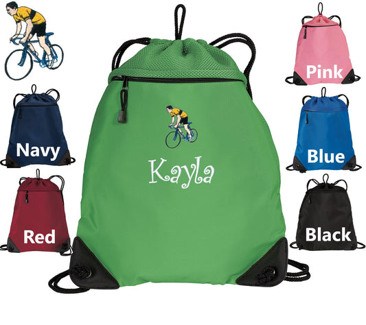 Personalized Kids Cinch Pack Drawstring Gym School PE Pool Backpack Embroidered Bicycle Cyclist Monogrammed Custom Name Perfect Kids Gift