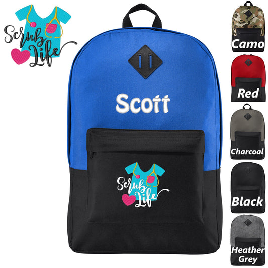 Personalized Nurse Backpack, Scrub Life Design, Custom Bookbag, Backpack with Zipper, Embroidered Monogrammed Custom Name Nurse Medical Gift