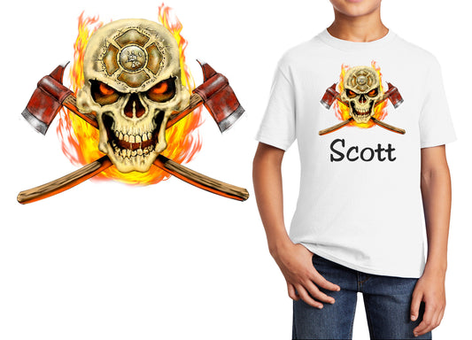 Personalized Kids T-Shirt Firefighter Flaming Skull Design, T-Shirt, Colorful, Cotton, Low Price Inexpensive Tee Shirt, Student School Gift