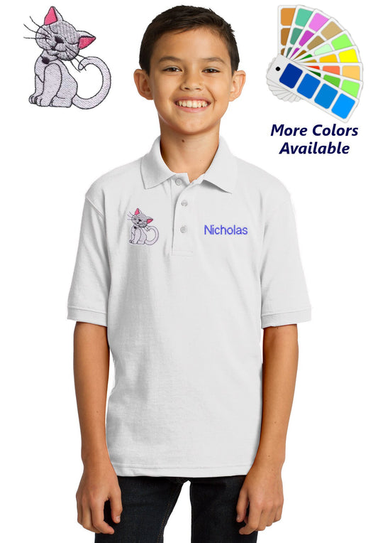 Personalized Kids Polo Shirt Embroidered Kitty Cat Monogrammed with a Name or Text of Your Choice