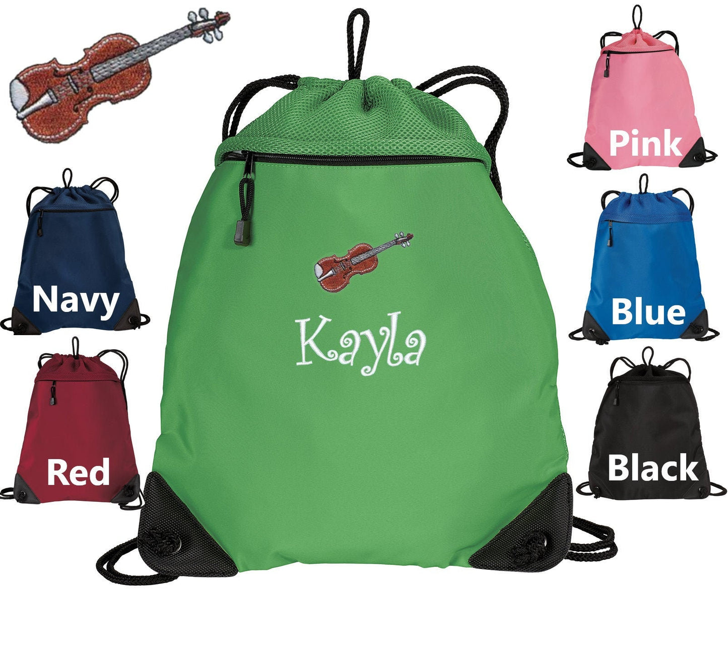 Personalized Kids Cinch Pack Violin Design, Drawstring Gym School PE, Pool Backpack, Monogrammed Custom Name, Perfect Kids Band Gift