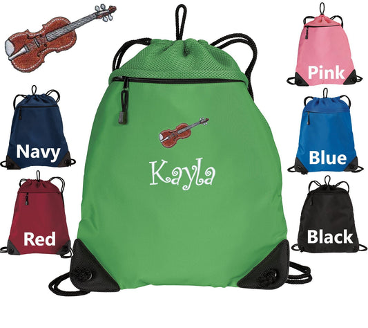 Personalized Kids Cinch Pack Violin Design, Drawstring Gym School PE, Pool Backpack, Monogrammed Custom Name, Perfect Kids Band Gift