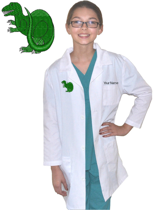Personalized Kids Dinosaur Lab Coat with Tyrannosaurus rex embroidery design
