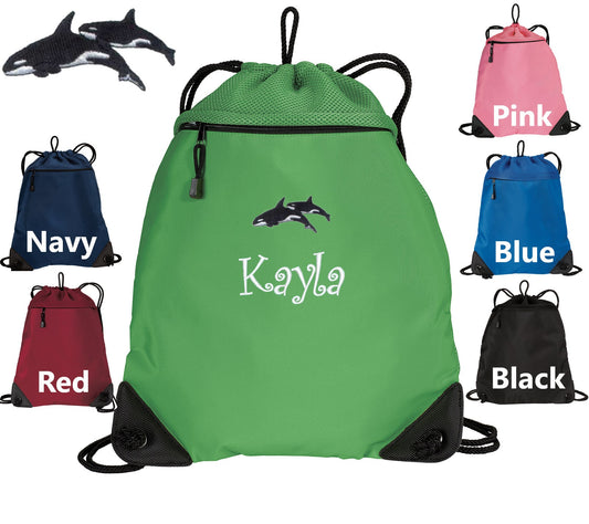 Personalized Whale Cinch Pack Embroidered Killer Whale, Drawstring Gym School PE Pool Backpack, Monogrammed Custom Name, Gift