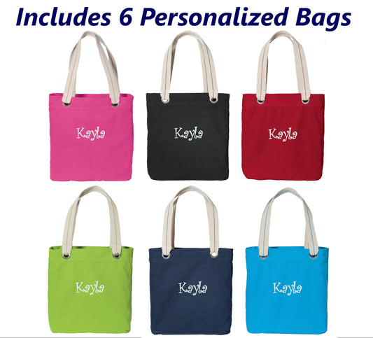 Personalized Canvas Tote Bags, Bulk Totes, Bridesmaid Gift, Wedding Party Gift, Contrast Lined, Metal Grommets, Embroidered with Name