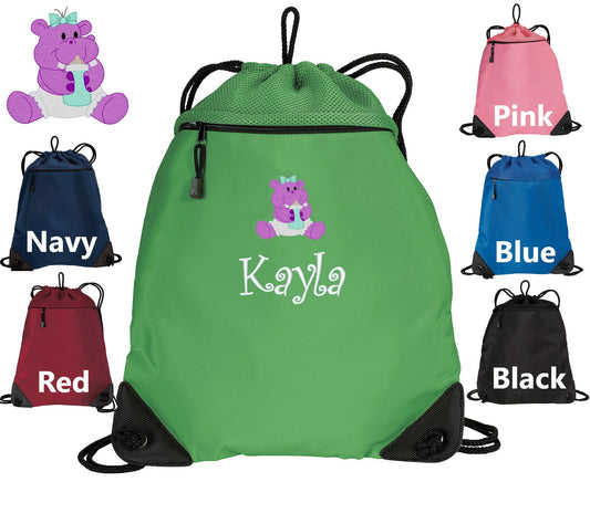Personalized Kids Cinch Pack, Drawstring Gym School PE Pool Backpack , Embroidered Hippo, Custom Name, Gift