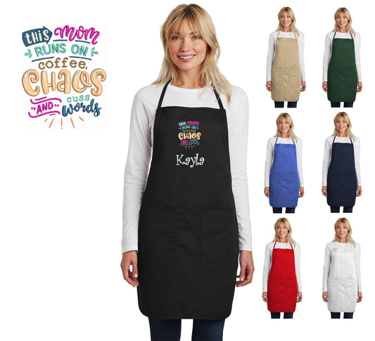Personalized Mom Apron, Runs on Coffee, Embroidered Moms Name, Mothers Day Gift, Kitchen Gift, Monogrammed Mom Cooking Gift, Funny Apron