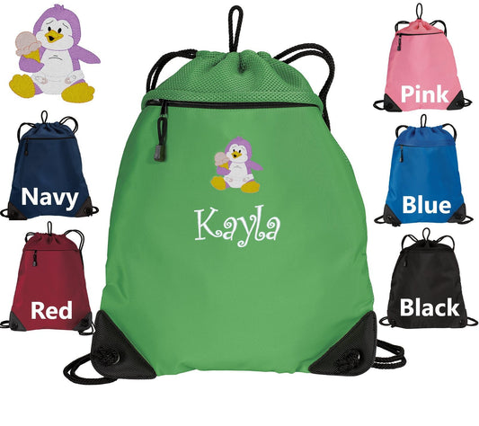 Personalized Kids Cinch Pack, Drawstring Gym School PE Pool Backpack, Embroidered Penguin, Custom Name, Kids Gift