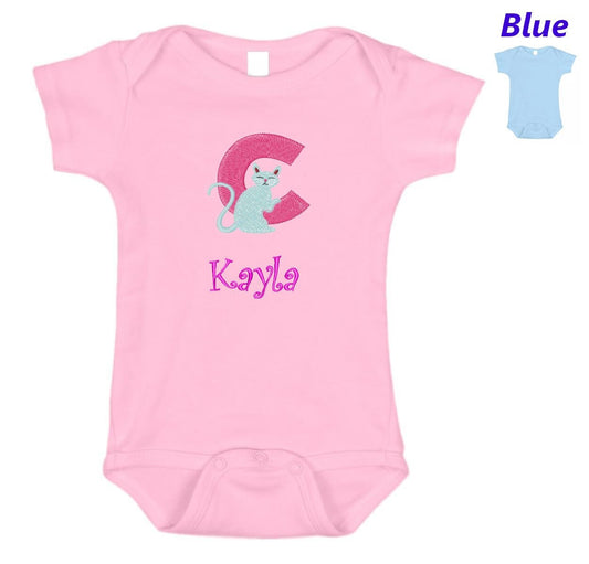 Personalized Baby Onesie Pink Blue Embroidered Letter C Cat Newborn One Piece Body Suit Baby Shower Gift Monogrammed with Your Baby's Name