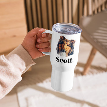 Custom Collie Sheltie Dog Travel Mug Tumbler with Handle, Stainless Steel BPA-free plastic Cup, 25 Ounce Mug, Dad Mom Dog Lover Gift