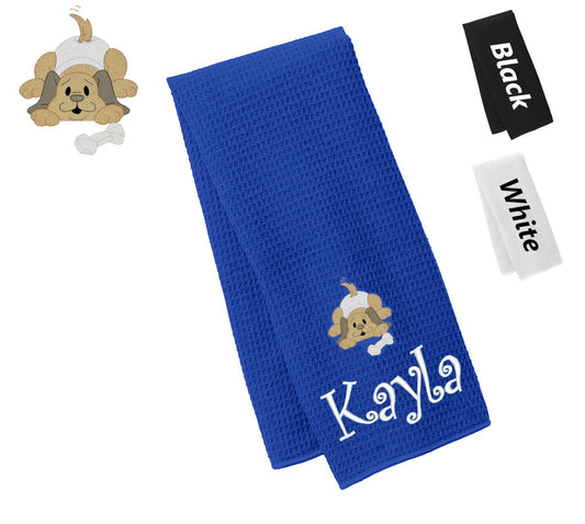 Personalized Towel Puppy Dog Design Kitchen Towel, Hand Towel, Bathroom Towel, Waffle Microfiber, Embroidered Name, Kids Gift, Mom Gift