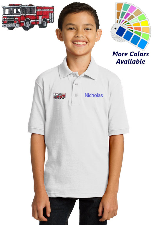 Personalized Kids Polo Shirt Embroidered Fire Engine Monogrammed with a Name or Text of Your Choice